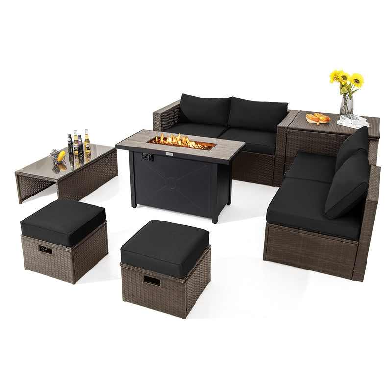 *9 Pieces Outdoor Patio Furniture Set with 42 Inch Propane Fire Pit Table - Black