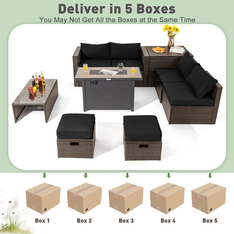 *9 Pieces Outdoor Patio Furniture Set with 42 Inch Propane Fire Pit Table - Black