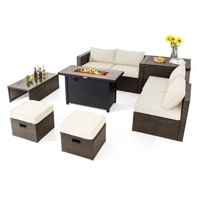 9 Pieces Outdoor Patio Furniture Set with 42 Inch Propane Fire Pit Table-White