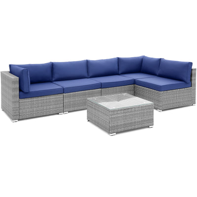 6 Piece Patio Conversation Sofa Set with Tempered Glass Coffee Table-Navy