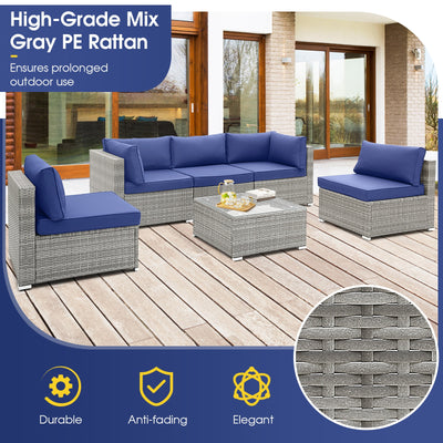 6 Piece Patio Conversation Sofa Set with Tempered Glass Coffee Table-Navy