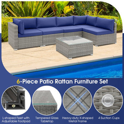 6 Piece Patio Conversation Sofa Set with Tempered Glass Coffee Table-Navy