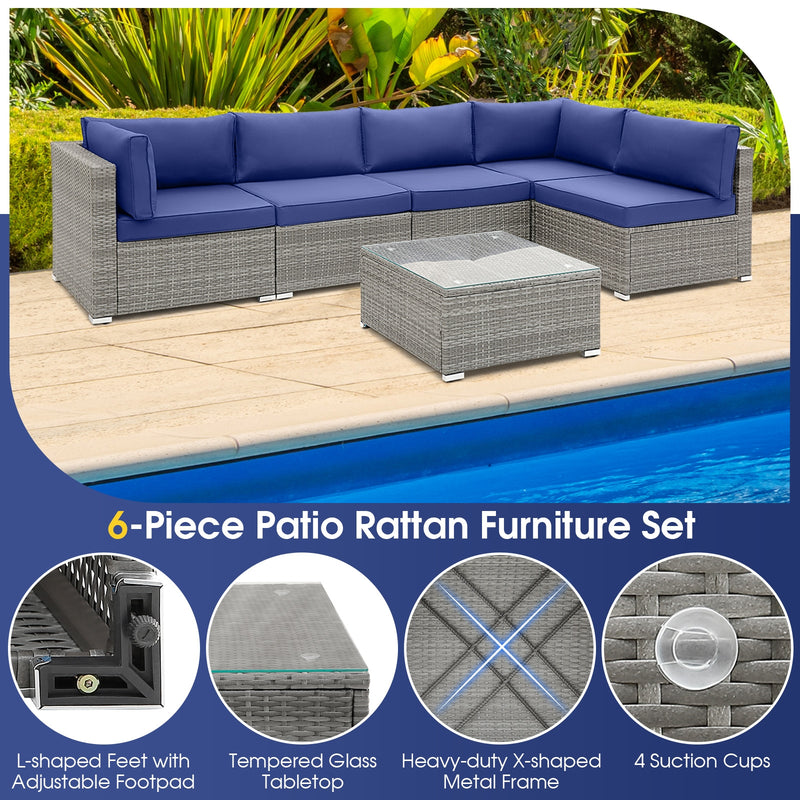 6 Piece Patio Conversation Sofa Set with Tempered Glass Coffee Table-Navy