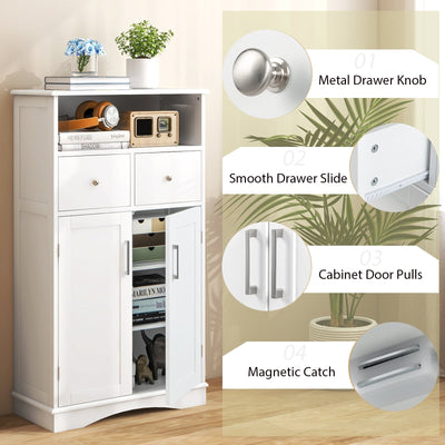 2 Doors Freeestanding Bathroom Floor Cabinet with 2 Drawers and Adjustable Shelves-White
