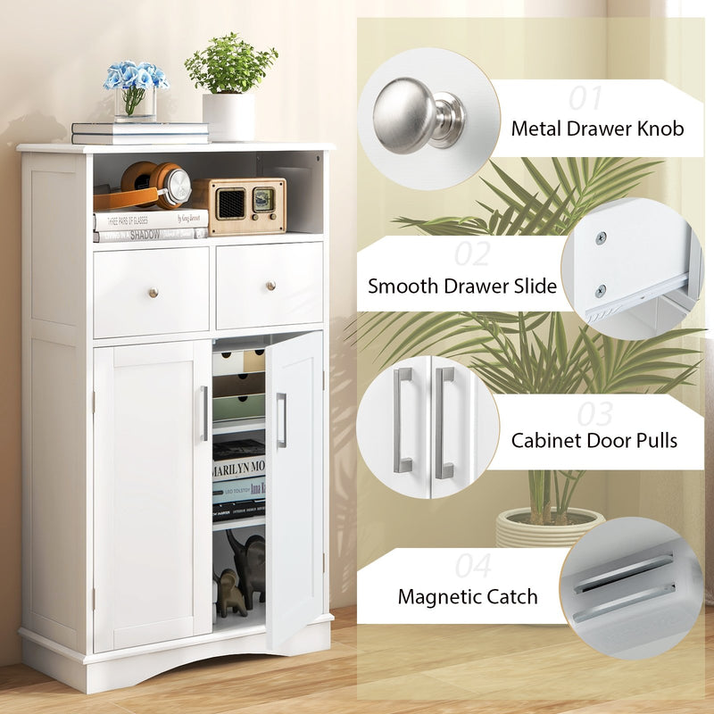 2 Doors Freeestanding Bathroom Floor Cabinet with 2 Drawers and Adjustable Shelves-White