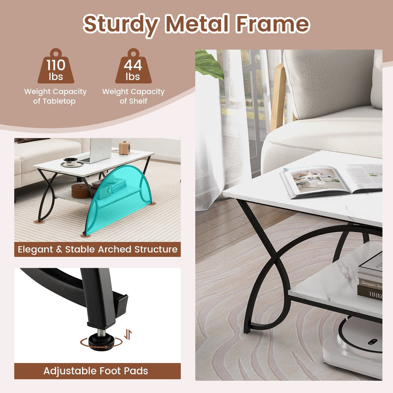 2-Tier Faux Marble Coffee Table with Marble Top and Metal Frame-Black & White