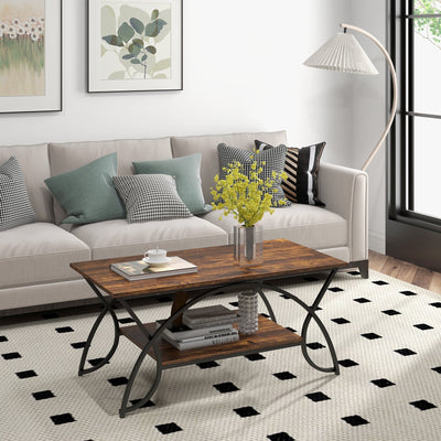 2-Tier Faux Marble Coffee Table with Marble Top and Metal Frame-Rustic Brown