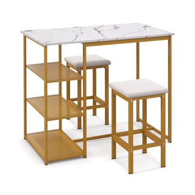 3 Pieces Gold Bar Table Set for 2 with 3-Tier Storage Shelves-Golden