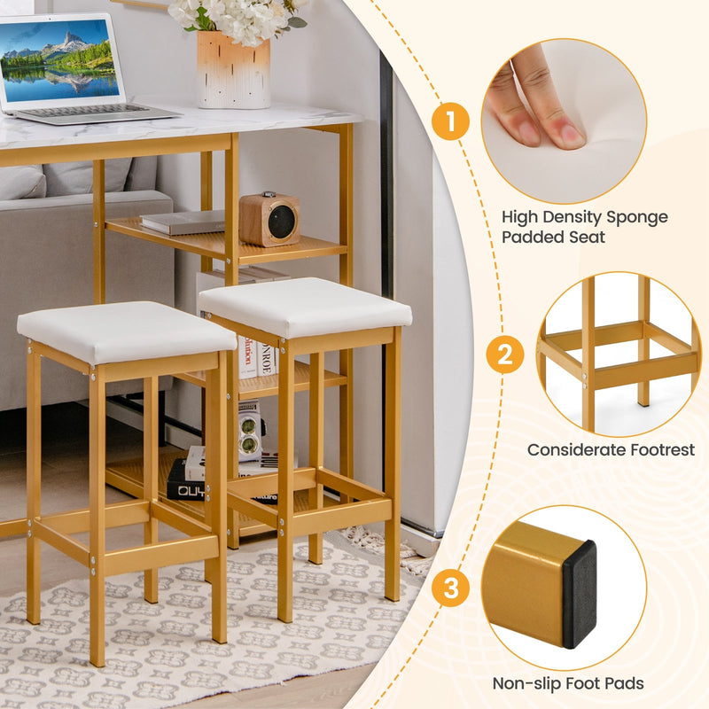 3 Pieces Gold Bar Table Set for 2 with 3-Tier Storage Shelves-Golden