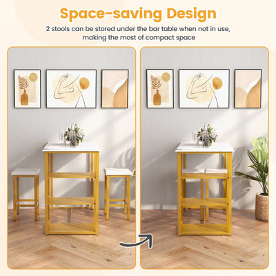 3 Pieces Gold Bar Table Set for 2 with 3-Tier Storage Shelves-Golden