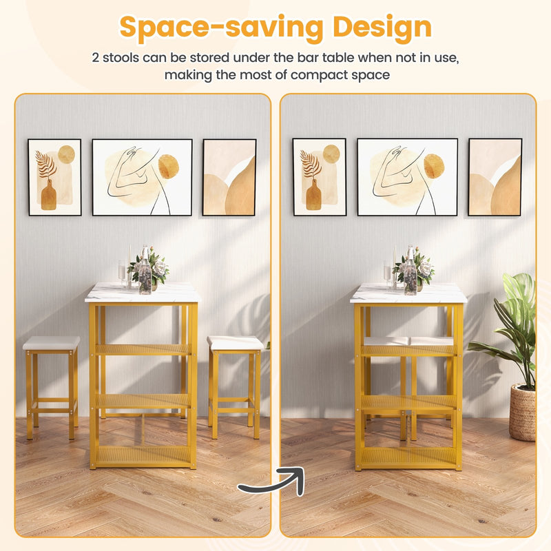 3 Pieces Gold Bar Table Set for 2 with 3-Tier Storage Shelves-Golden