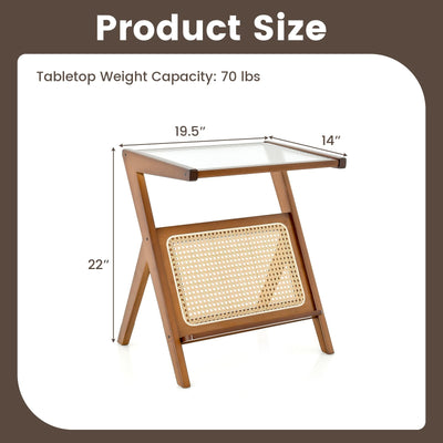 Boho End Table with Magazine Rack and Tempered Glass Top-Walnut
