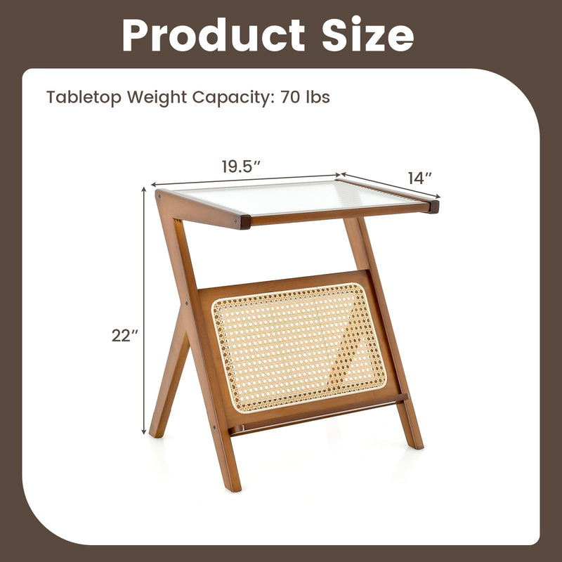 Boho End Table with Magazine Rack and Tempered Glass Top-Walnut