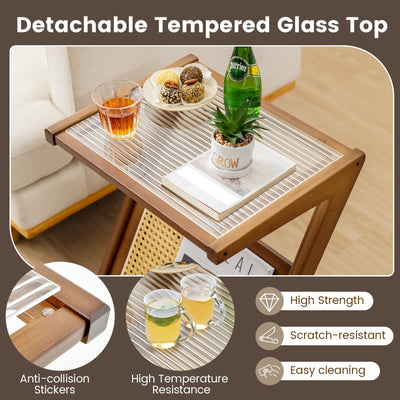 Boho End Table with Magazine Rack and Tempered Glass Top-Walnut