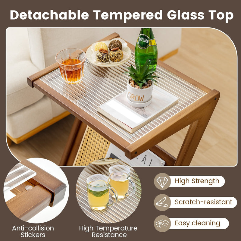Boho End Table with Magazine Rack and Tempered Glass Top-Walnut