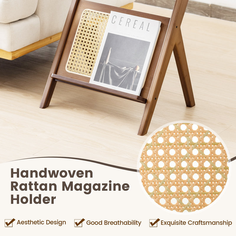 Boho End Table with Magazine Rack and Tempered Glass Top-Walnut