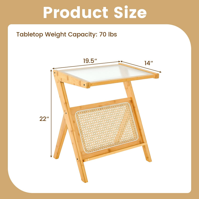 Boho End Table with Magazine Rack and Tempered Glass Top-Natural