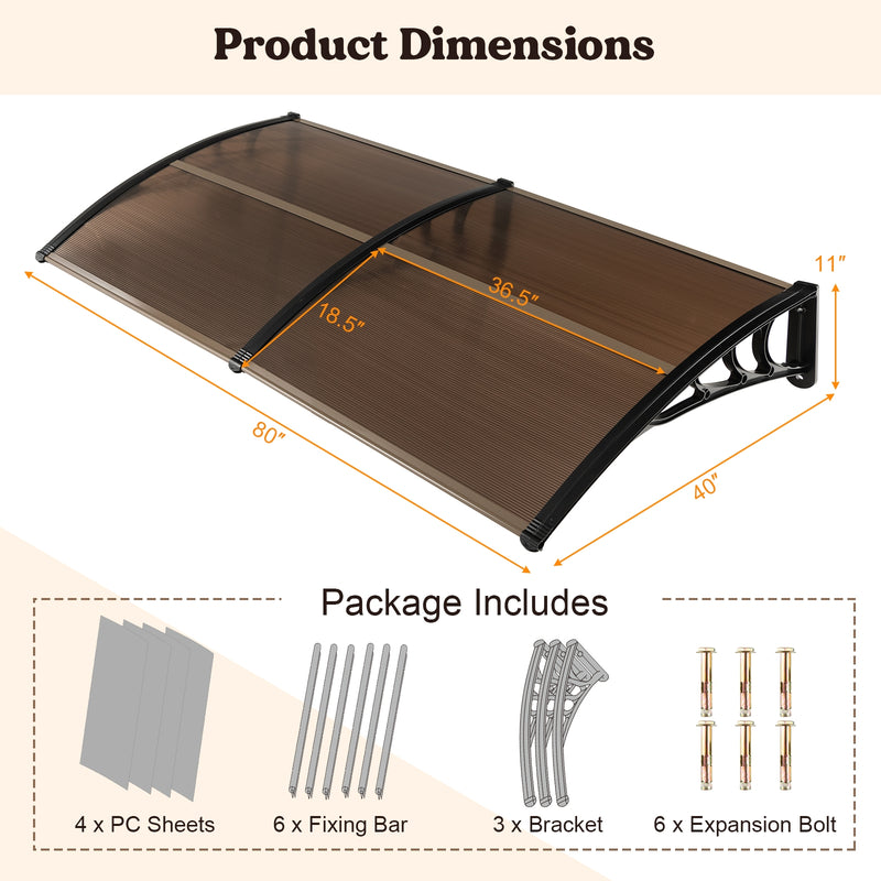 *Outdoor Front Door Patio Overhang Awning for Sunlight Rain Snow Wind Protection - 80 x 40 Inch