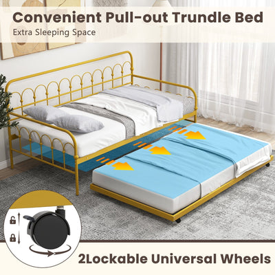 Twin Size Golden Metal Daybed with Trundle and Lockable Wheels-Twin Size