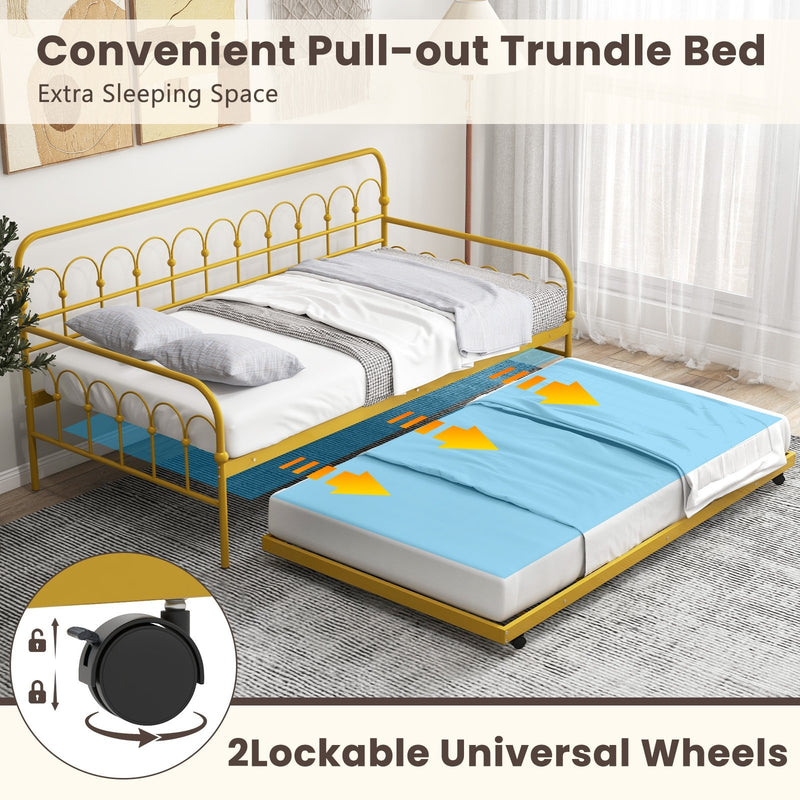 Twin Size Golden Metal Daybed with Trundle and Lockable Wheels-Twin Size
