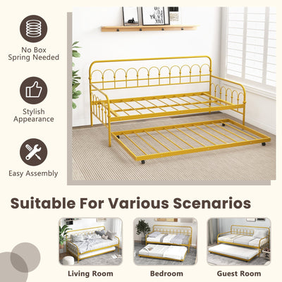 Twin Size Golden Metal Daybed with Trundle and Lockable Wheels-Twin Size