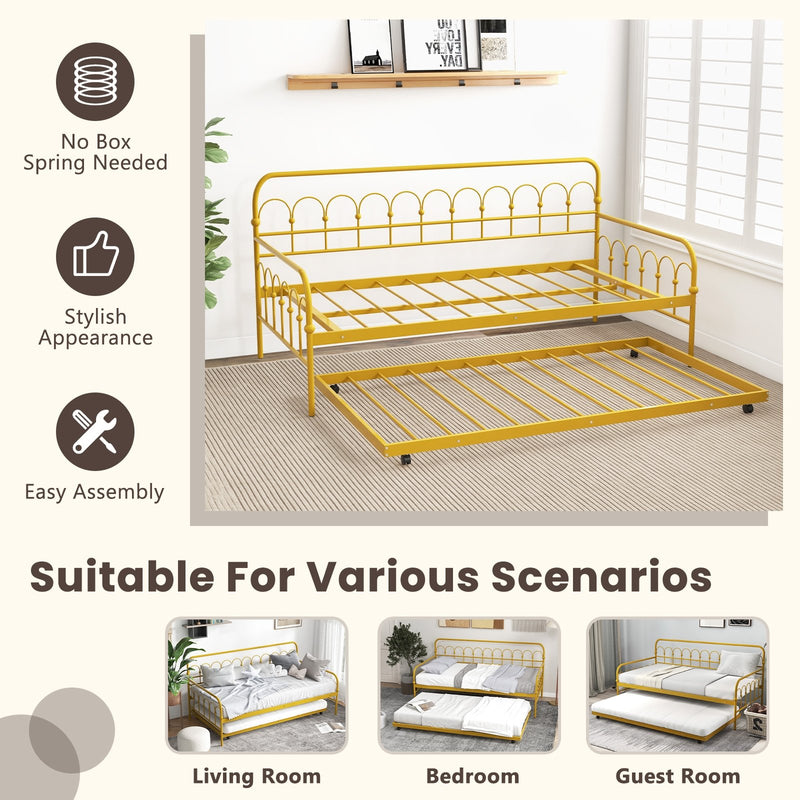Twin Size Golden Metal Daybed with Trundle and Lockable Wheels-Twin Size