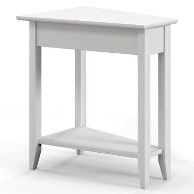 2-Tier Wedge Narrow End Table with Storage Shelf and Solid Wood Legs-White