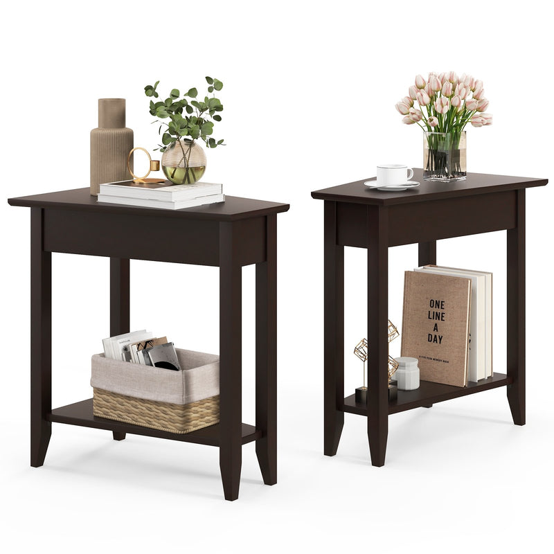 2-Tier Wedge Narrow End Table with Storage Shelf and Solid Wood Legs-Espresso