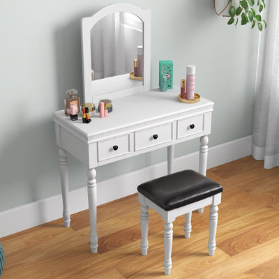 Makeup Vanity Table and Stool Set with Detachable Mirror and 3 Drawers Storage-White