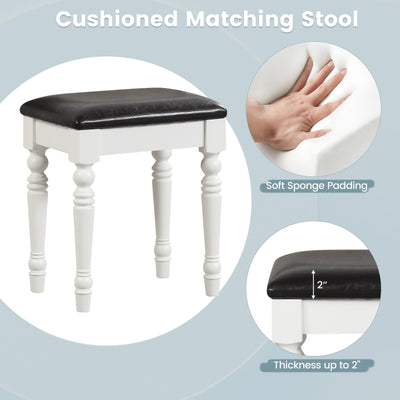 Makeup Vanity Table and Stool Set with Detachable Mirror and 3 Drawers Storage-White