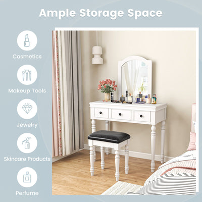 Makeup Vanity Table and Stool Set with Detachable Mirror and 3 Drawers Storage-White