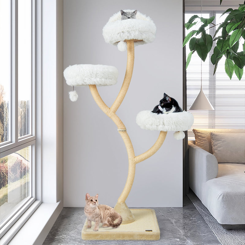*70 Inch Tall Cat Tree 4-Layer Cat Tower with 3 Perches and Dangling Balls - Beige