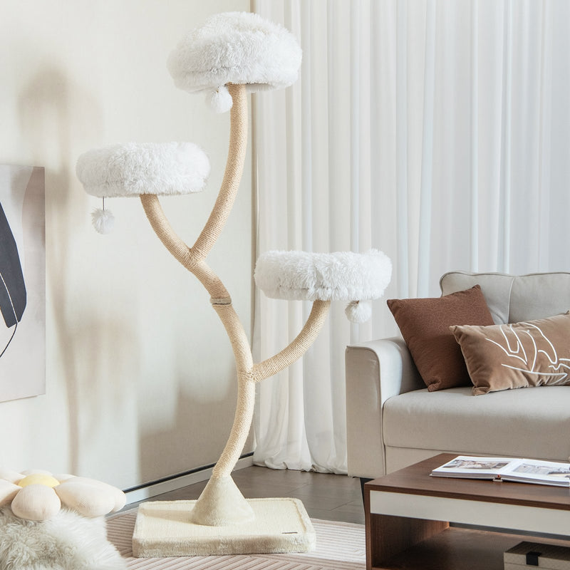 *70 Inch Tall Cat Tree 4-Layer Cat Tower with 3 Perches and Dangling Balls - Beige