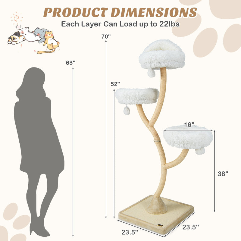 *70 Inch Tall Cat Tree 4-Layer Cat Tower with 3 Perches and Dangling Balls - Beige