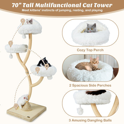 *70 Inch Tall Cat Tree 4-Layer Cat Tower with 3 Perches and Dangling Balls - Beige