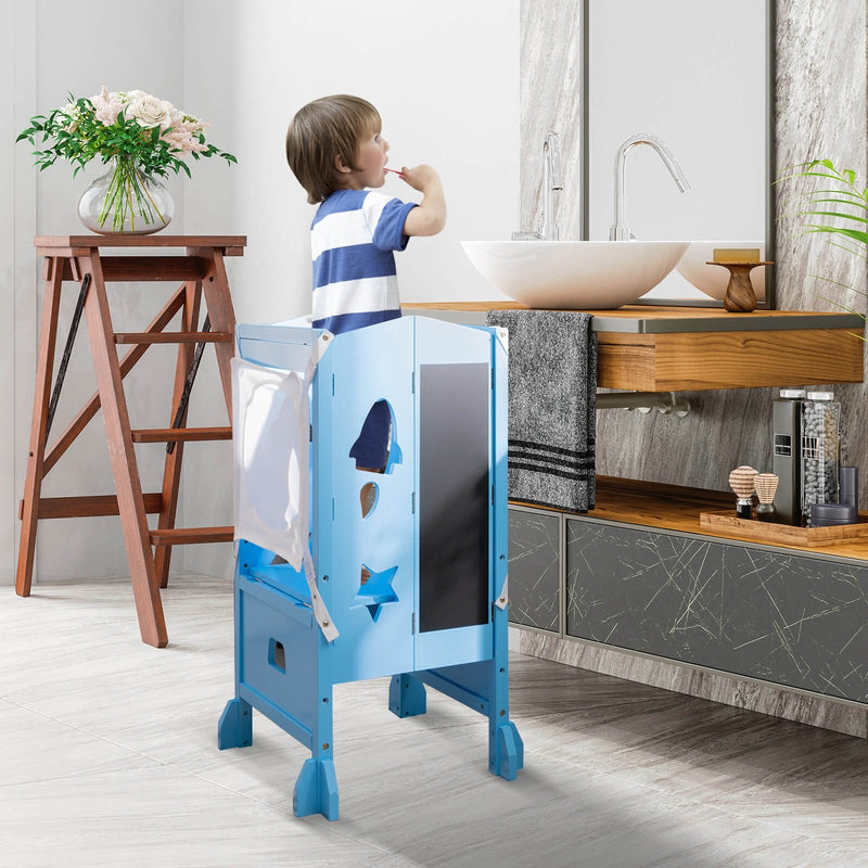 Wooden Folding Kids Kitchen Step Stool with 2-Level Adjustable Height-Blue