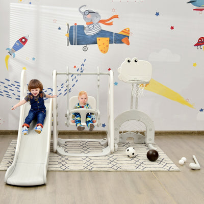 *6 in 1 Toddler Slide and Swing Set with Ball Games - White