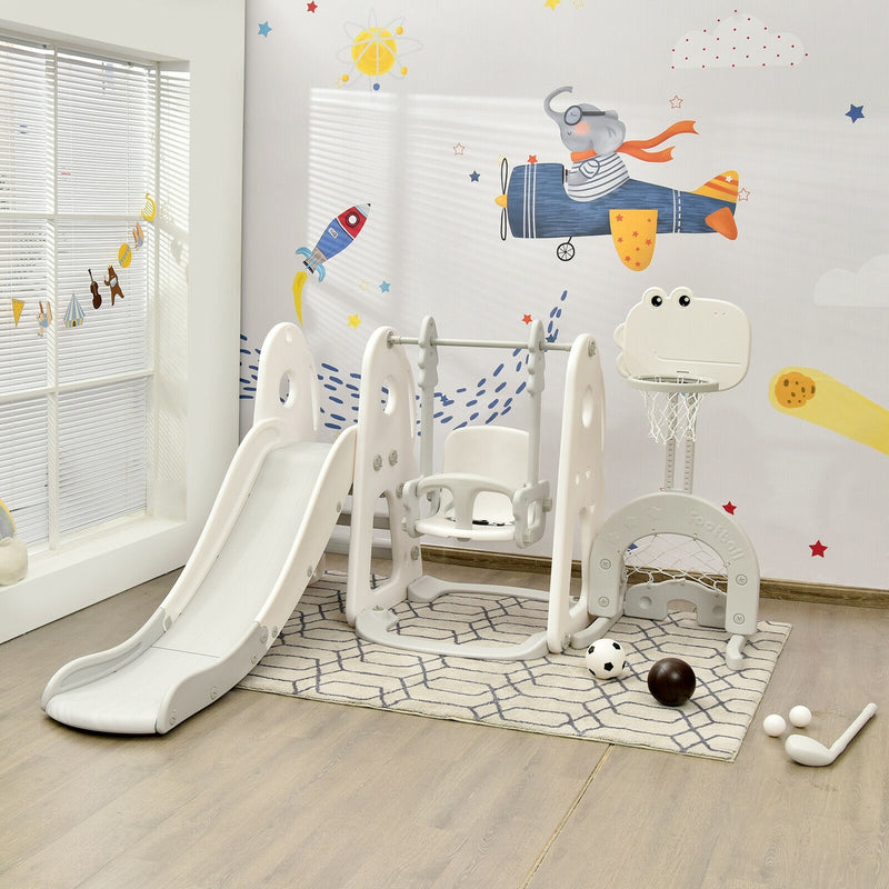*6 in 1 Toddler Slide and Swing Set with Ball Games - White