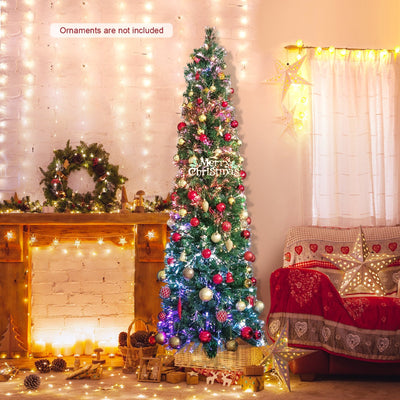 5/6/7/8 FT Pre-Lit Christmas Pencil Tree with Colorful Fiber Optics Green-7 ft