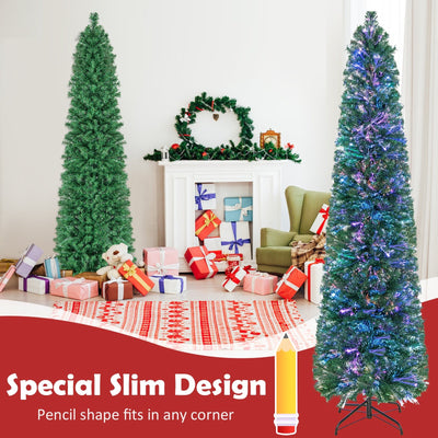 5/6/7/8 FT Pre-Lit Christmas Pencil Tree with Colorful Fiber Optics Green-7 ft