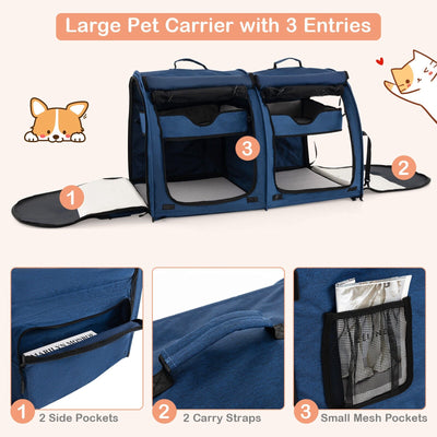 Double Compartment Pet Carrier with 2 Removable Hammocks-Navy