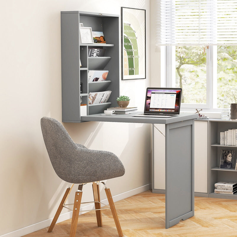 *Wall-Mounted Fold-Out Convertible Floating Desk Space Saver - Gray
