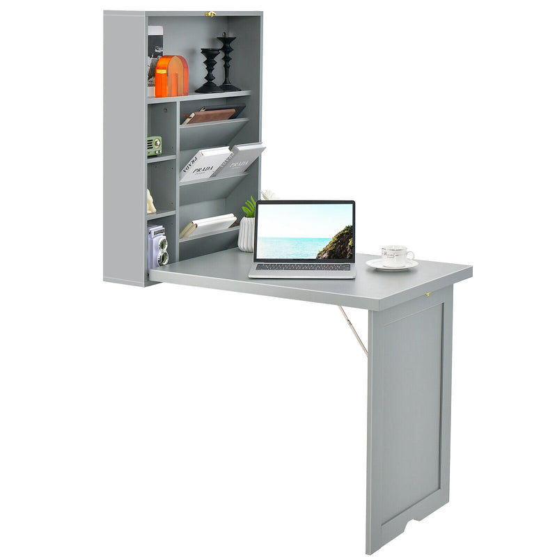 *Wall-Mounted Fold-Out Convertible Floating Desk Space Saver - Gray