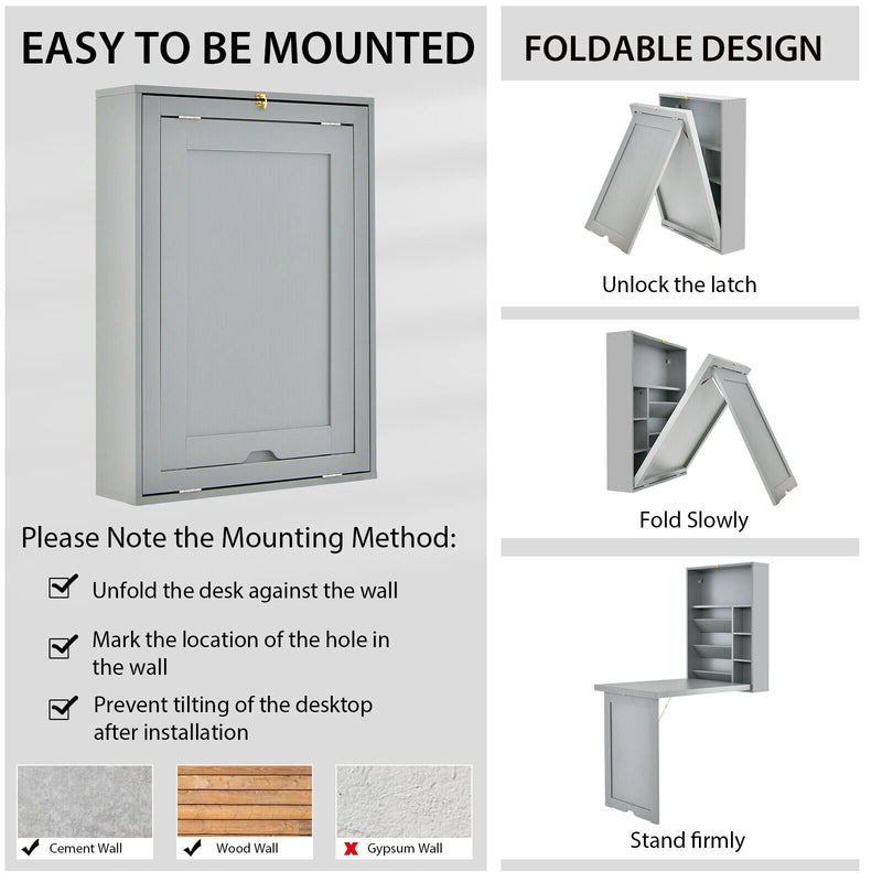 *Wall-Mounted Fold-Out Convertible Floating Desk Space Saver - Gray