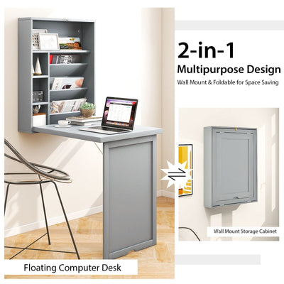 *Wall-Mounted Fold-Out Convertible Floating Desk Space Saver - Gray
