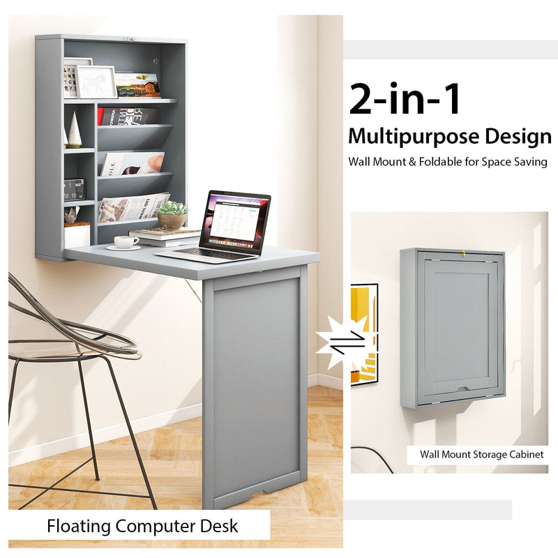 *Wall-Mounted Fold-Out Convertible Floating Desk Space Saver - Gray