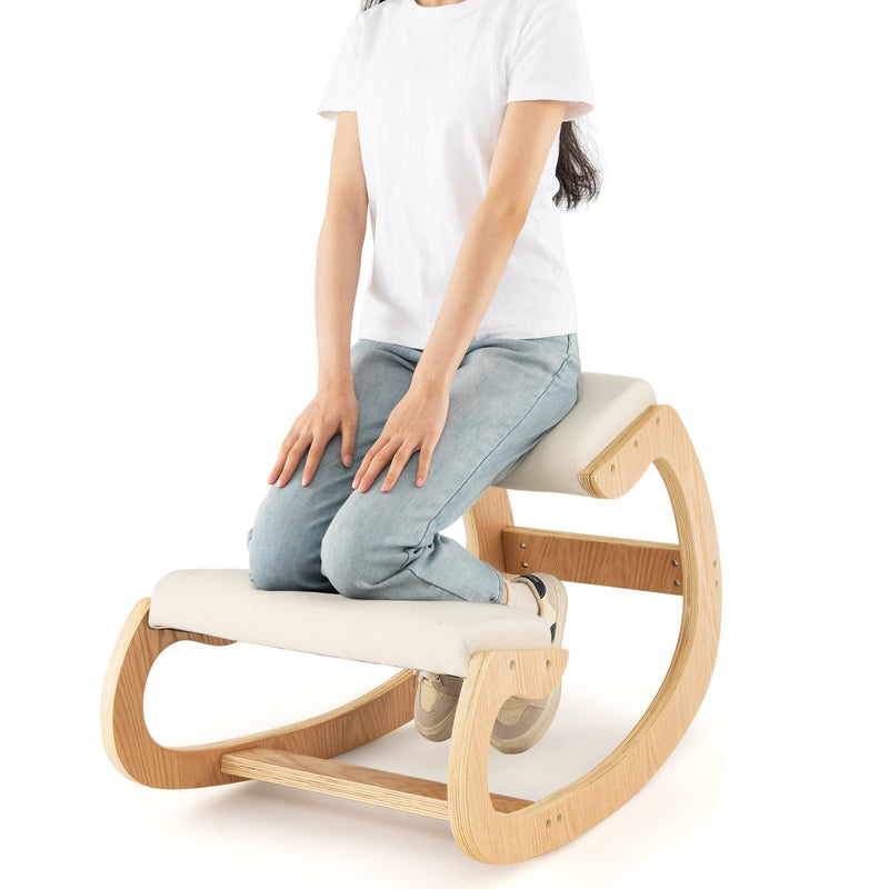 Wooden Rocking Chair with Comfortable Padded Seat Cushion and Knee Support-Beige