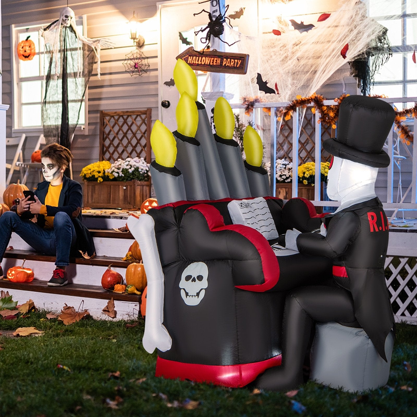 5.2 Feet Halloween Inflatable Skeleton Playing Piano with Bluetooth Sp