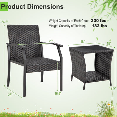3 Piece Patio Wicker Chair Set with Quick Dry Foam Cushions All Weather