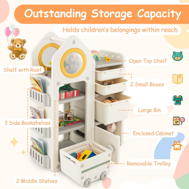 Multipurpose Toy Chest and Bookshelf with Mobile Trolley-Gray